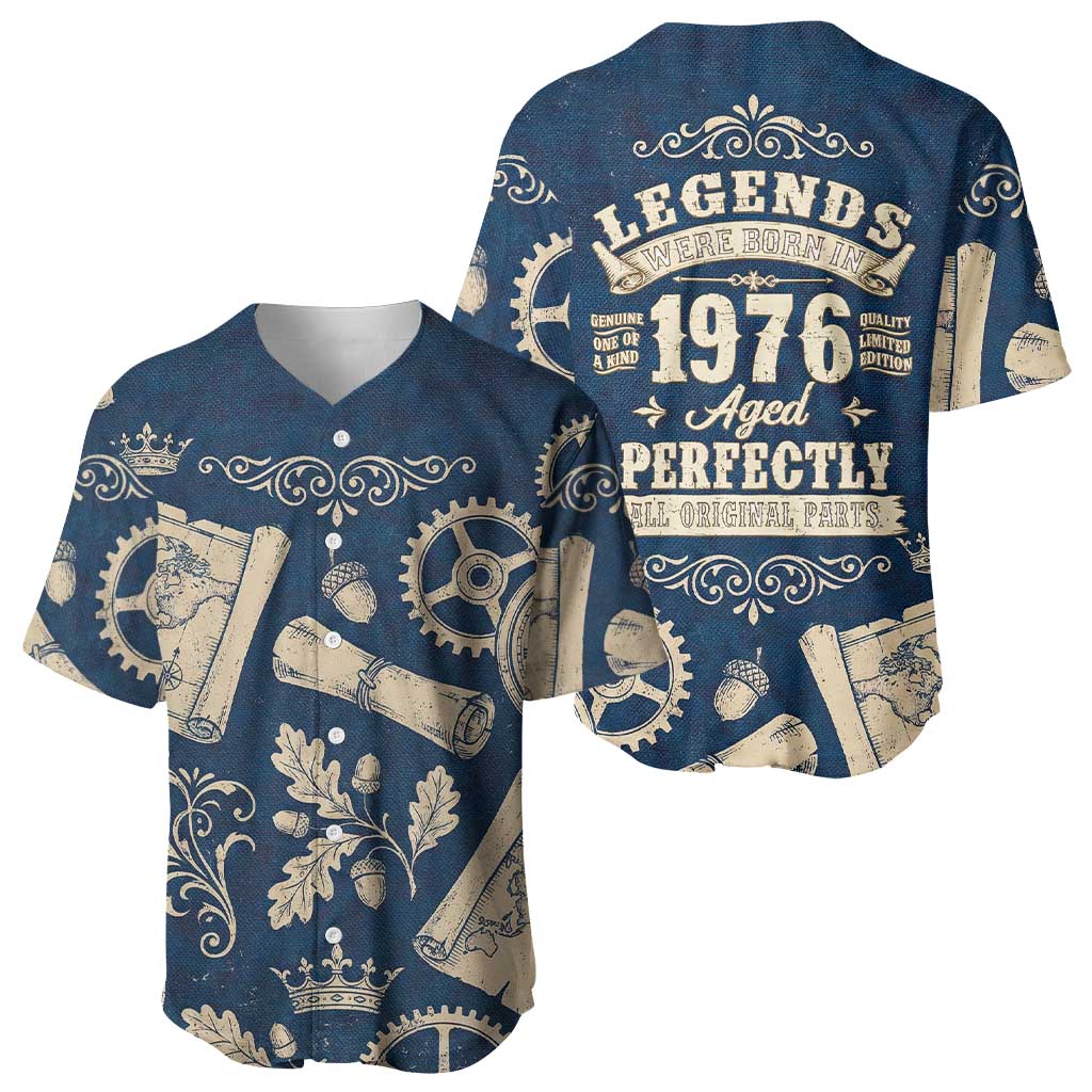 Legend 1976 Vintage Gears and Scrolls Design Baseball Jersey with Crown Motif in Classic Blue and Beige Retro