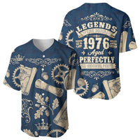 Legend 1976 Vintage Gears and Scrolls Design Baseball Jersey with Crown Motif in Classic Blue and Beige Retro