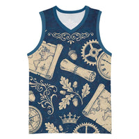 Legend 1976 Vintage Gears and Scrolls Design Basketball Jersey with Crown Motif in Classic Blue and Beige Retro