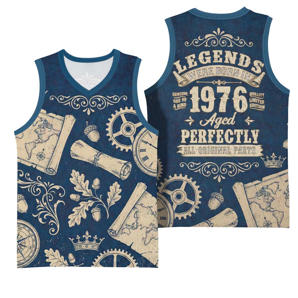 Legend 1976 Vintage Gears and Scrolls Design Basketball Jersey with Crown Motif in Classic Blue and Beige Retro