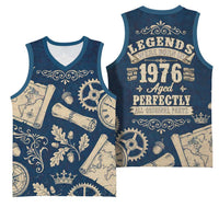 Legend 1976 Vintage Gears and Scrolls Design Basketball Jersey with Crown Motif in Classic Blue and Beige Retro