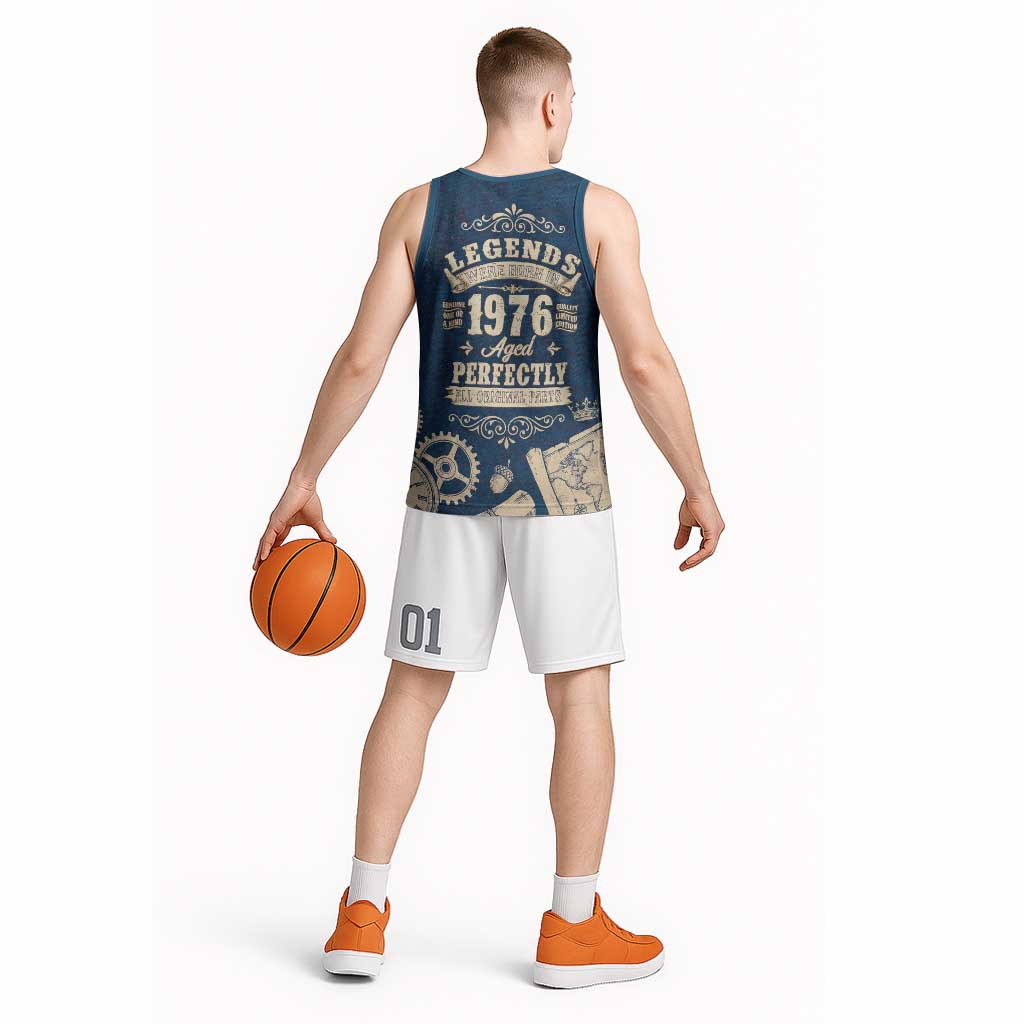 Legend 1976 Vintage Gears and Scrolls Design Basketball Jersey with Crown Motif in Classic Blue and Beige Retro