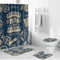 Legend 1976 Vintage Gears and Scrolls Design Bathroom Set with Crown Motif in Classic Blue and Beige Retro