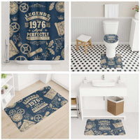 Legend 1976 Vintage Gears and Scrolls Design Bathroom Set with Crown Motif in Classic Blue and Beige Retro