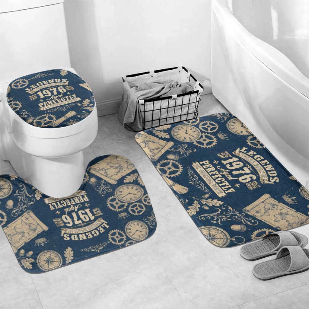 Legend 1976 Vintage Gears and Scrolls Design Bathroom Set with Crown Motif in Classic Blue and Beige Retro