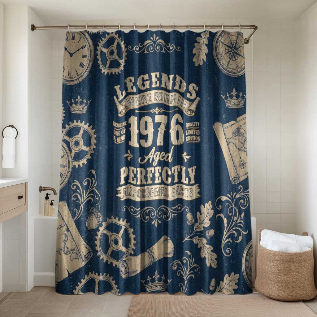Legend 1976 Vintage Gears and Scrolls Design Bathroom Set with Crown Motif in Classic Blue and Beige Retro