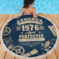 Legend 1976 Vintage Gears and Scrolls Design Beach Blanket with Crown Motif in Classic Blue and Beige Retro