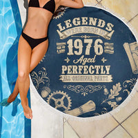 Legend 1976 Vintage Gears and Scrolls Design Beach Blanket with Crown Motif in Classic Blue and Beige Retro