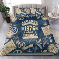 Legend 1976 Vintage Gears and Scrolls Design Bedding Set with Crown Motif in Classic Blue and Beige Retro
