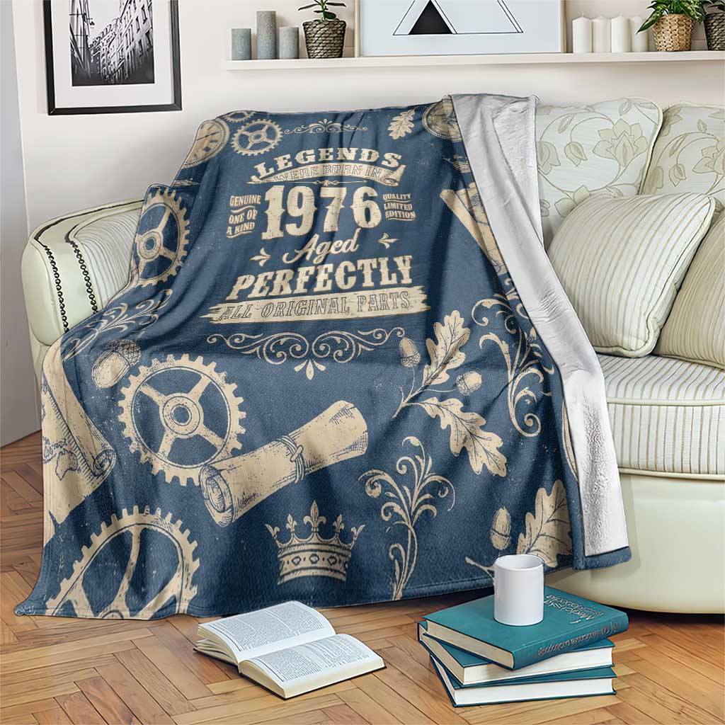 Legend 1976 Vintage Gears and Scrolls Design Blanket with Crown Motif in Classic Blue and Beige Retro