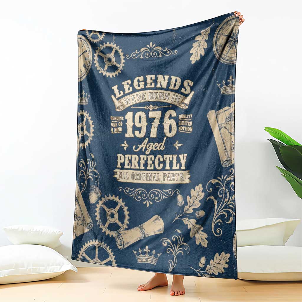 Legend 1976 Vintage Gears and Scrolls Design Blanket with Crown Motif in Classic Blue and Beige Retro