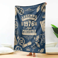 Legend 1976 Vintage Gears and Scrolls Design Blanket with Crown Motif in Classic Blue and Beige Retro