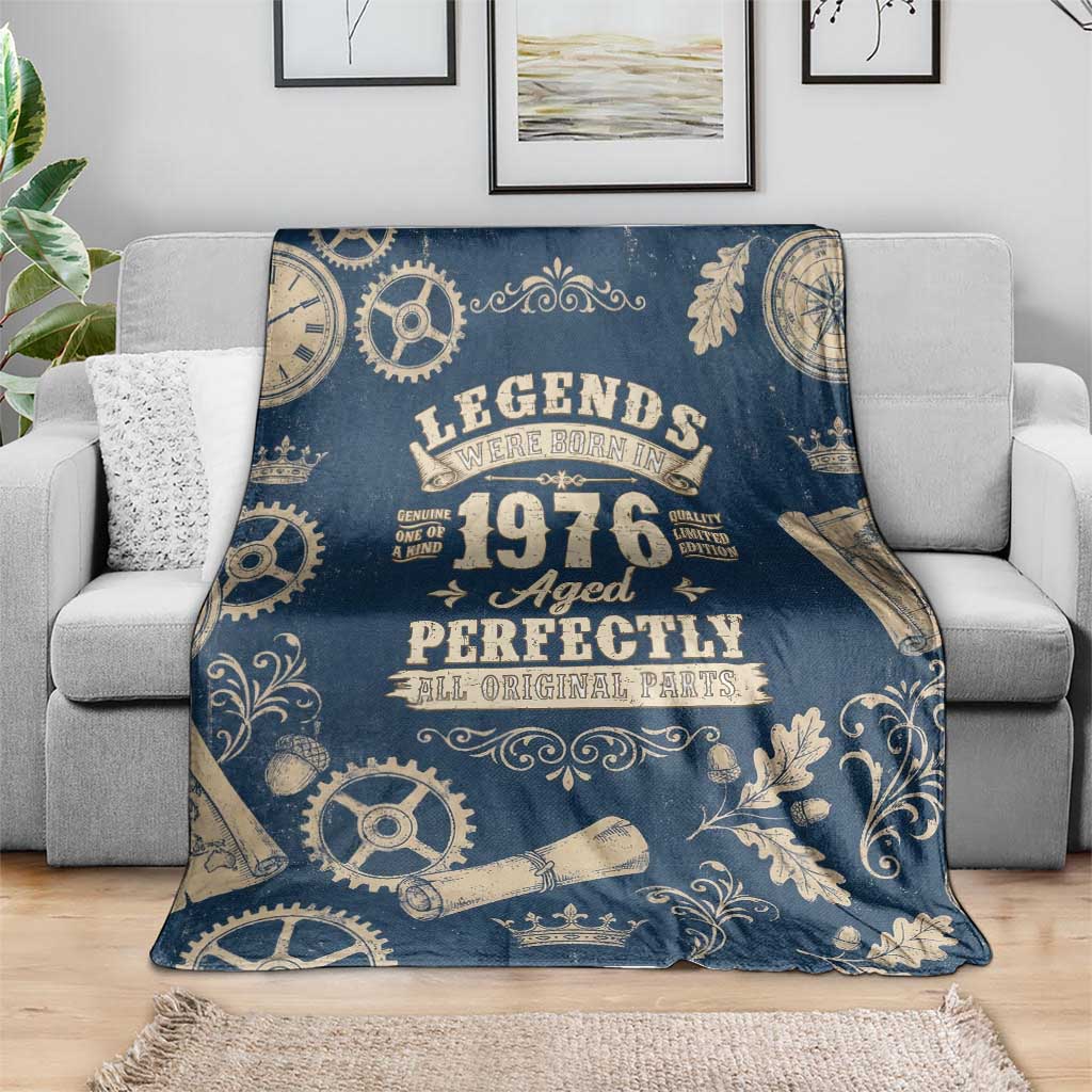 Legend 1976 Vintage Gears and Scrolls Design Blanket with Crown Motif in Classic Blue and Beige Retro