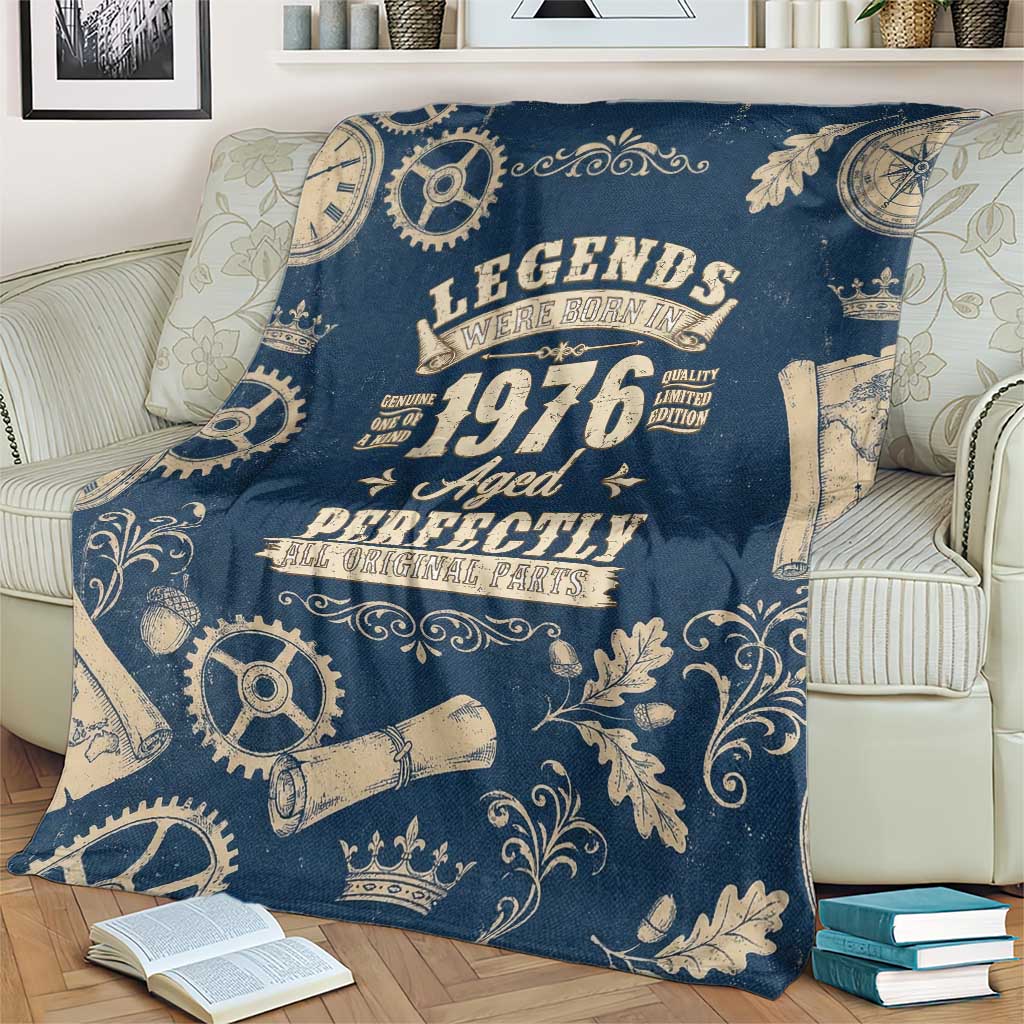 Legend 1976 Vintage Gears and Scrolls Design Blanket with Crown Motif in Classic Blue and Beige Retro