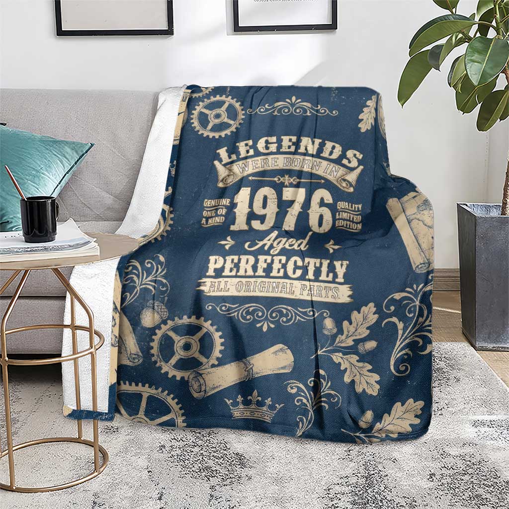 Legend 1976 Vintage Gears and Scrolls Design Blanket with Crown Motif in Classic Blue and Beige Retro