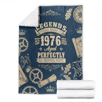 Legend 1976 Vintage Gears and Scrolls Design Blanket with Crown Motif in Classic Blue and Beige Retro