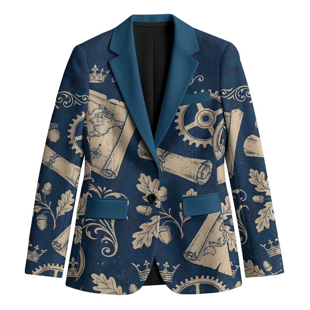 Legend 1976 Vintage Gears and Scrolls Design Blazer with Crown Motif in Classic Blue and Beige Retro