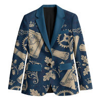Legend 1976 Vintage Gears and Scrolls Design Blazer with Crown Motif in Classic Blue and Beige Retro