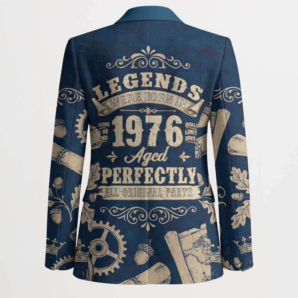Legend 1976 Vintage Gears and Scrolls Design Blazer with Crown Motif in Classic Blue and Beige Retro