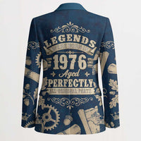 Legend 1976 Vintage Gears and Scrolls Design Blazer with Crown Motif in Classic Blue and Beige Retro