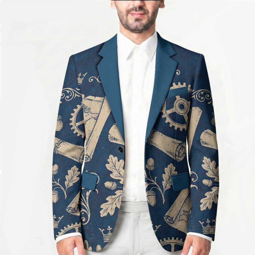 Legend 1976 Vintage Gears and Scrolls Design Blazer with Crown Motif in Classic Blue and Beige Retro