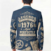 Legend 1976 Vintage Gears and Scrolls Design Blazer with Crown Motif in Classic Blue and Beige Retro