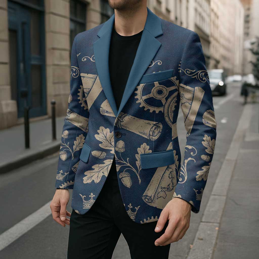 Legend 1976 Vintage Gears and Scrolls Design Blazer with Crown Motif in Classic Blue and Beige Retro