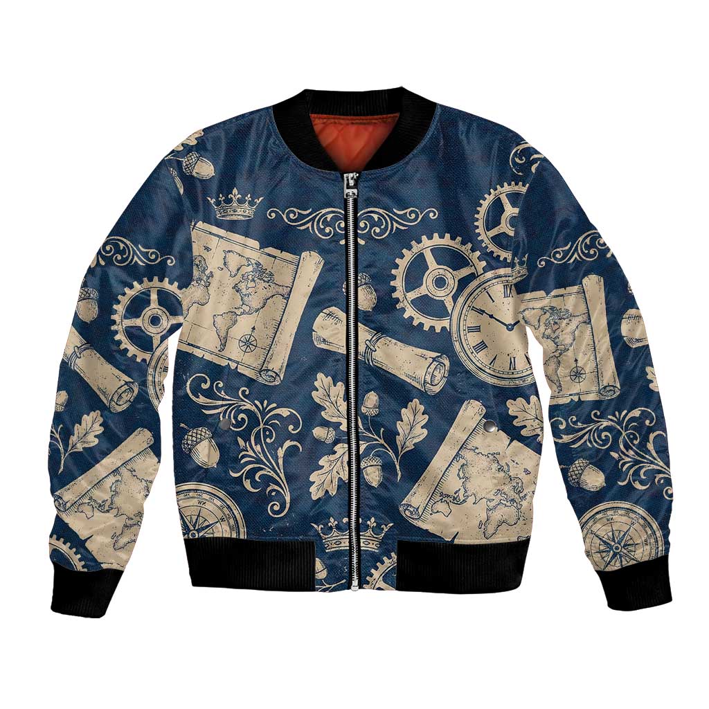 Legend 1976 Vintage Gears and Scrolls Design Bomber Jacket with Crown Motif in Classic Blue and Beige Retro