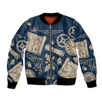Legend 1976 Vintage Gears and Scrolls Design Bomber Jacket with Crown Motif in Classic Blue and Beige Retro