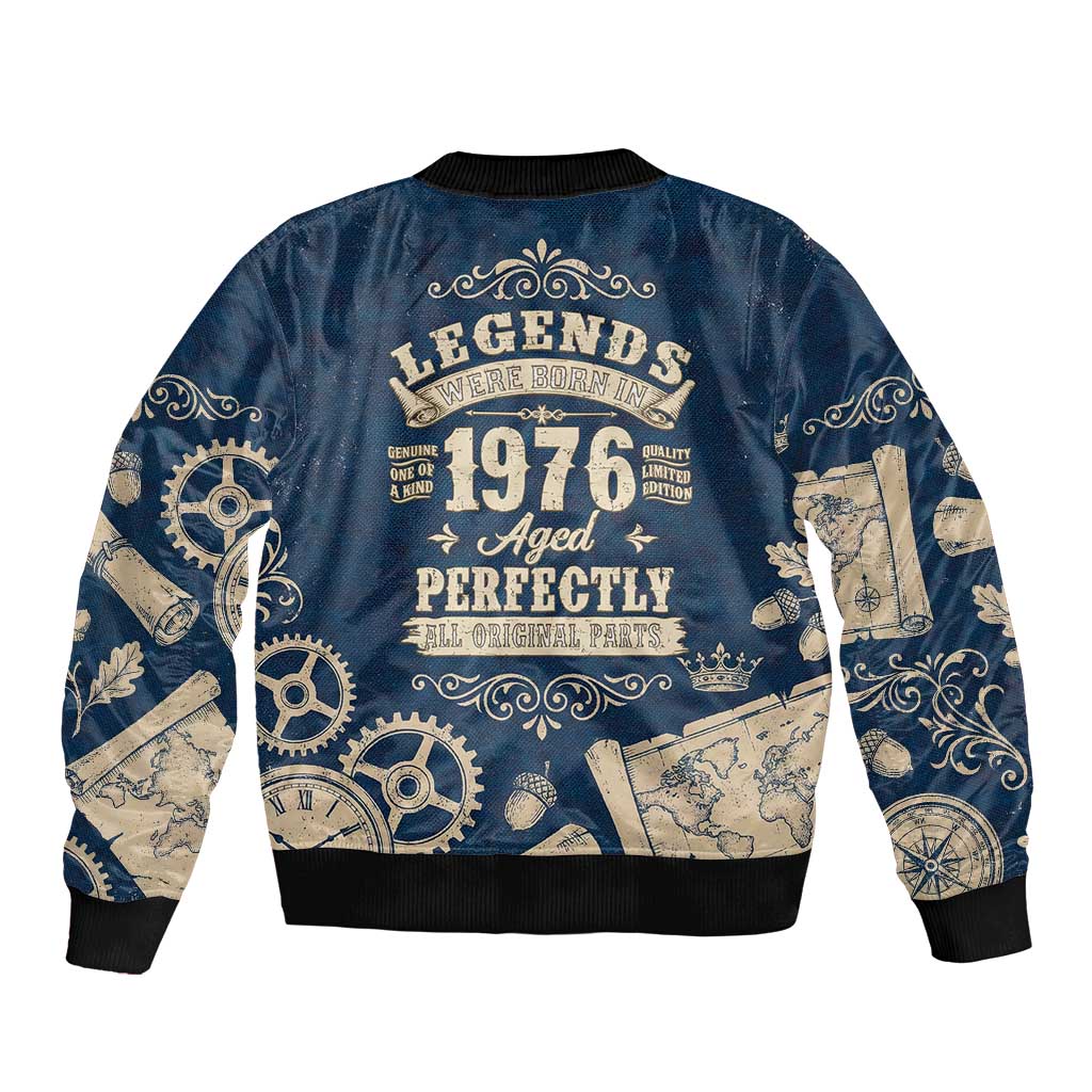Legend 1976 Vintage Gears and Scrolls Design Bomber Jacket with Crown Motif in Classic Blue and Beige Retro
