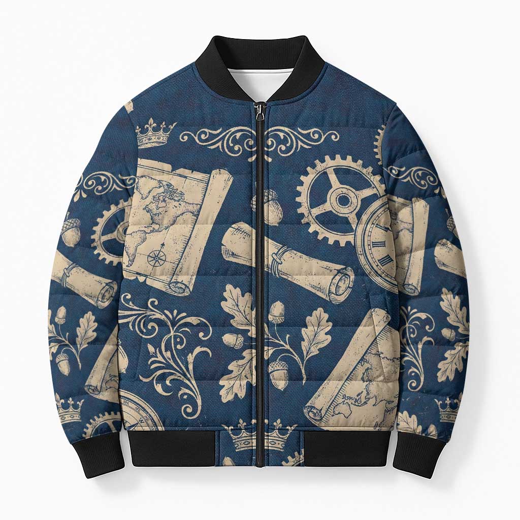 Legend 1976 Vintage Gears and Scrolls Design Bomber Puffer Jacket with Crown Motif in Classic Blue and Beige Retro