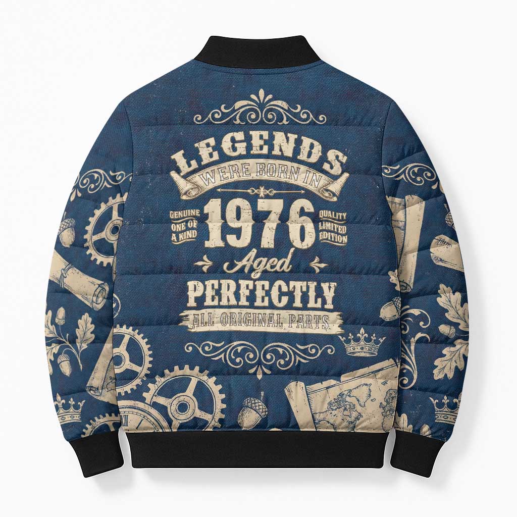 Legend 1976 Vintage Gears and Scrolls Design Bomber Puffer Jacket with Crown Motif in Classic Blue and Beige Retro