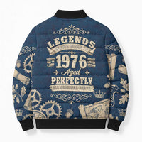 Legend 1976 Vintage Gears and Scrolls Design Bomber Puffer Jacket with Crown Motif in Classic Blue and Beige Retro