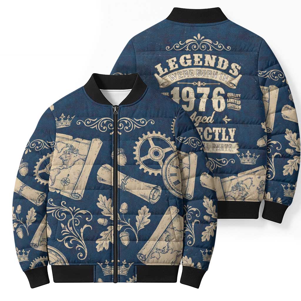 Legend 1976 Vintage Gears and Scrolls Design Bomber Puffer Jacket with Crown Motif in Classic Blue and Beige Retro