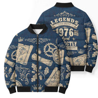 Legend 1976 Vintage Gears and Scrolls Design Bomber Puffer Jacket with Crown Motif in Classic Blue and Beige Retro