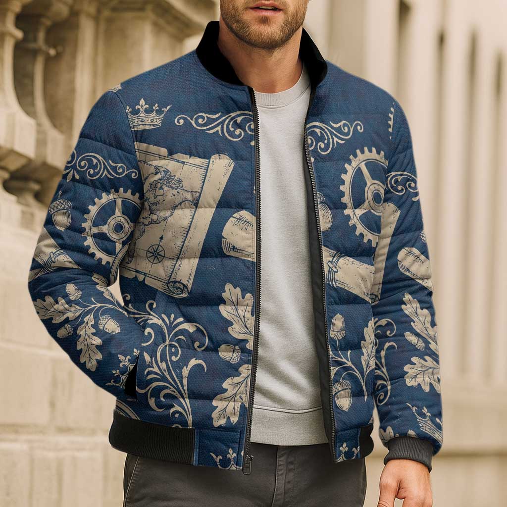 Legend 1976 Vintage Gears and Scrolls Design Bomber Puffer Jacket with Crown Motif in Classic Blue and Beige Retro