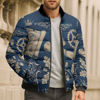 Legend 1976 Vintage Gears and Scrolls Design Bomber Puffer Jacket with Crown Motif in Classic Blue and Beige Retro