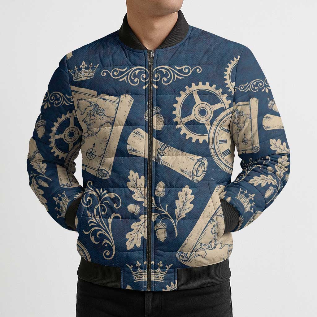 Legend 1976 Vintage Gears and Scrolls Design Bomber Puffer Jacket with Crown Motif in Classic Blue and Beige Retro