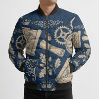Legend 1976 Vintage Gears and Scrolls Design Bomber Puffer Jacket with Crown Motif in Classic Blue and Beige Retro