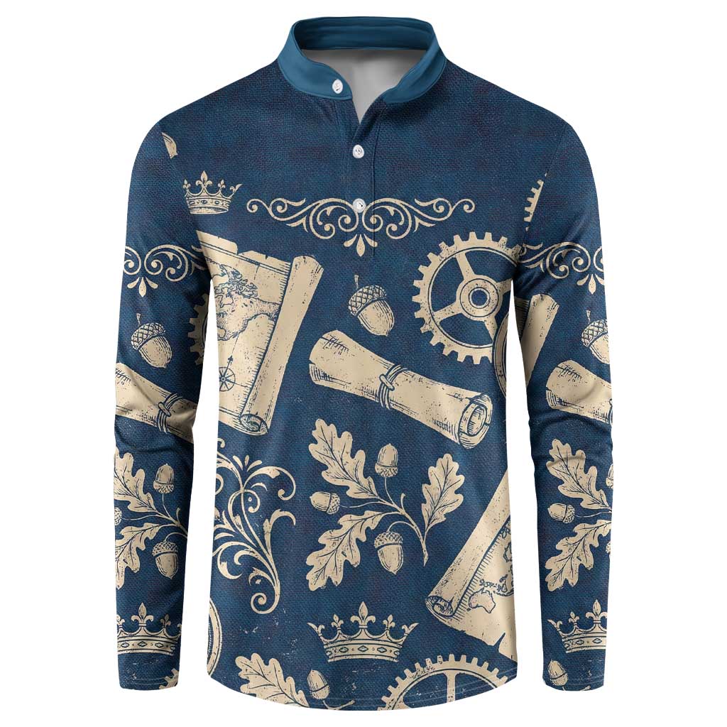 Legend 1976 Vintage Gears and Scrolls Design Button Sweatshirt with Crown Motif in Classic Blue and Beige Retro