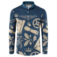 Legend 1976 Vintage Gears and Scrolls Design Button Sweatshirt with Crown Motif in Classic Blue and Beige Retro