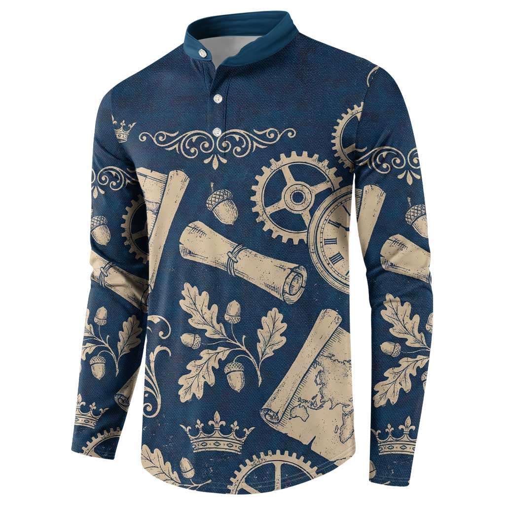 Legend 1976 Vintage Gears and Scrolls Design Button Sweatshirt with Crown Motif in Classic Blue and Beige Retro