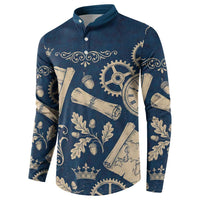 Legend 1976 Vintage Gears and Scrolls Design Button Sweatshirt with Crown Motif in Classic Blue and Beige Retro