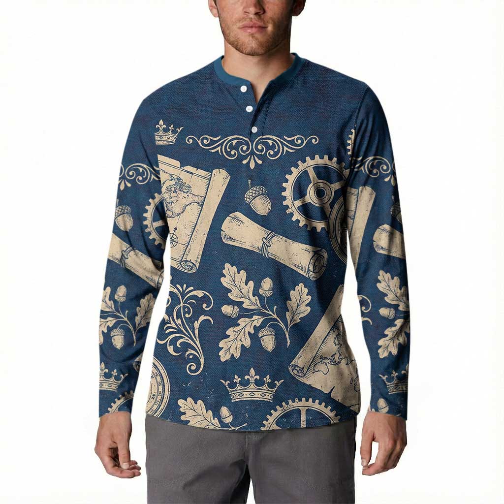 Legend 1976 Vintage Gears and Scrolls Design Button Sweatshirt with Crown Motif in Classic Blue and Beige Retro