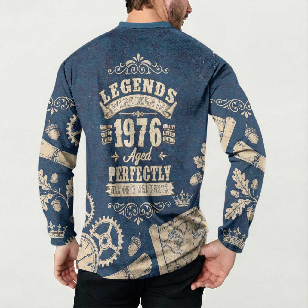 Legend 1976 Vintage Gears and Scrolls Design Button Sweatshirt with Crown Motif in Classic Blue and Beige Retro