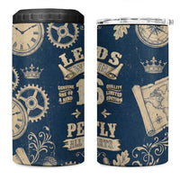 Legend 1976 Vintage Gears and Scrolls Design 4 in 1 Can Cooler Tumbler with Crown Motif in Classic Blue and Beige Retro