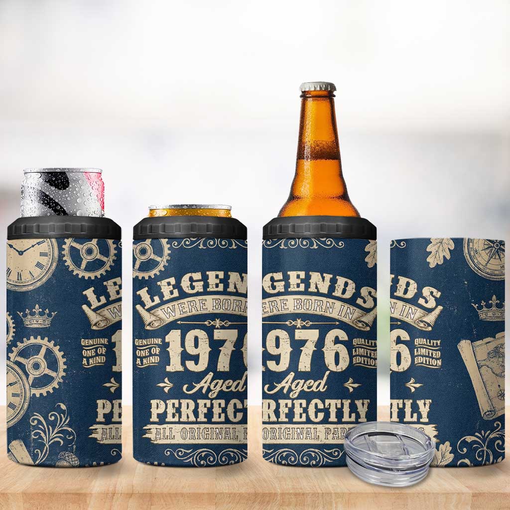 Legend 1976 Vintage Gears and Scrolls Design 4 in 1 Can Cooler Tumbler with Crown Motif in Classic Blue and Beige Retro