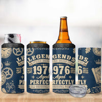 Legend 1976 Vintage Gears and Scrolls Design 4 in 1 Can Cooler Tumbler with Crown Motif in Classic Blue and Beige Retro