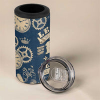 Legend 1976 Vintage Gears and Scrolls Design 4 in 1 Can Cooler Tumbler with Crown Motif in Classic Blue and Beige Retro