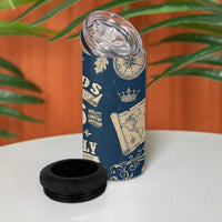 Legend 1976 Vintage Gears and Scrolls Design 4 in 1 Can Cooler Tumbler with Crown Motif in Classic Blue and Beige Retro